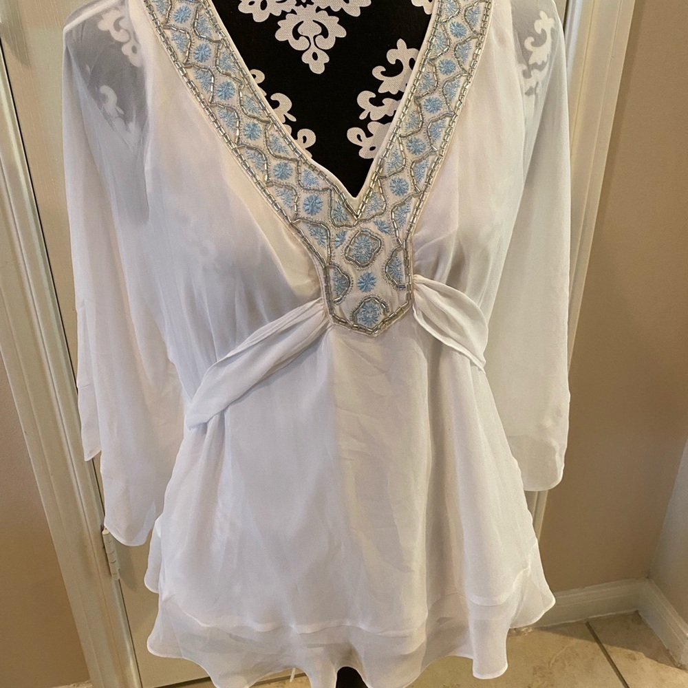 Sheer White Embroidered beaded V neck top